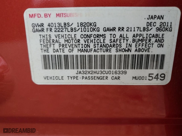 2012 Mitsubishi Lancer Sportback ES with VIN JA32X2HU3CU016339, listed as a Copart auction lot 43644515 with 106,528 mi miles and Salvage Title. Bid and sale history available at carsss.com. Image 13.