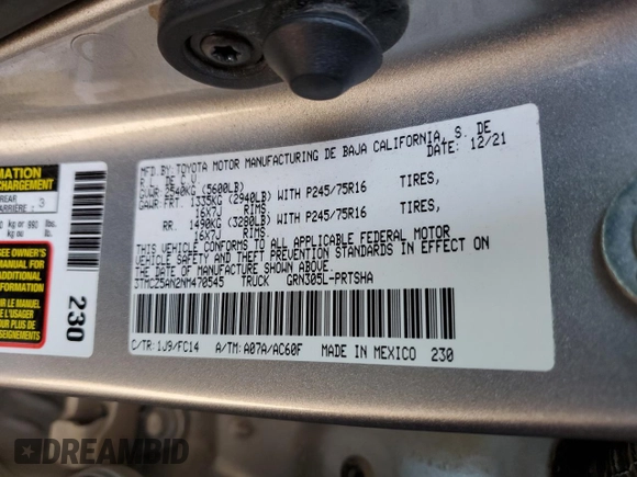 2022 Toyota Tacoma SR z VIN 3TMCZ5AN2NM470545, wystawiony jako Copart lot #58419285 z przebiegiem 57 599 mil mil oraz Szkoda całkowita • Salvage title. Historia ofert i sprzedaży dostępna na DreamBid. Obrazek 12.