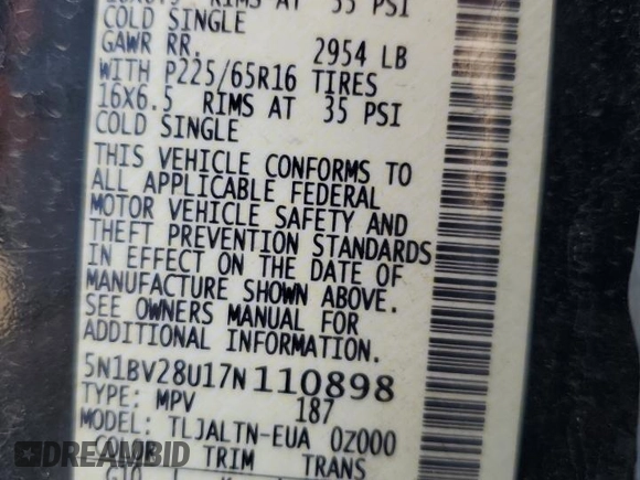 2007 Nissan Quest SE with VIN 5N1BV28U17N110898, listed as a Copart auction lot 86811594 with 213,558 mi miles and Salvage Title. Bid and sale history available at carsss.com. Image 13.