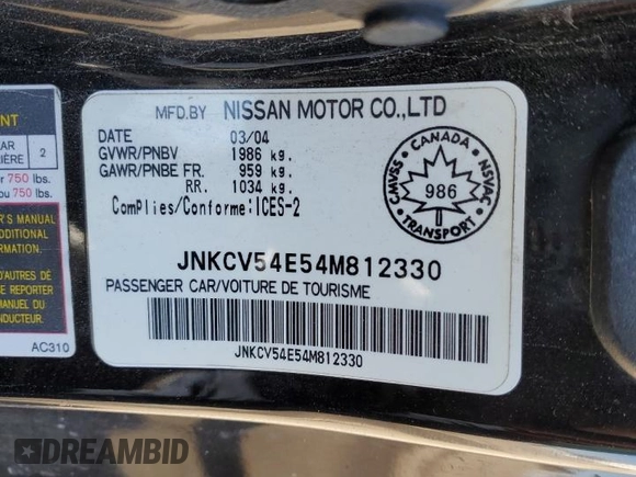 2004 Infiniti G35 w/Leather with VIN JNKCV54E54M812330, listed as a Copart auction lot 52854395 with 331,166 mi miles and Salvage Title. Bid and sale history available at DreamBid. Image 12.