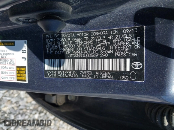 2013 Toyota Prius One with VIN JTDKN3DU0D5691290, listed as a IAAI auction lot 42138179 with 102,003 mi miles and . Bid and sale history available at DreamBid. Image 9.