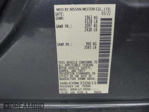 2022 Nissan Altima 2.5 SR with VIN 1N4BL4CV0NN350615, listed as a IAAI auction lot 41807635 with 91,429 mi miles. Bid and sale history available at carsss.com. Image 9.