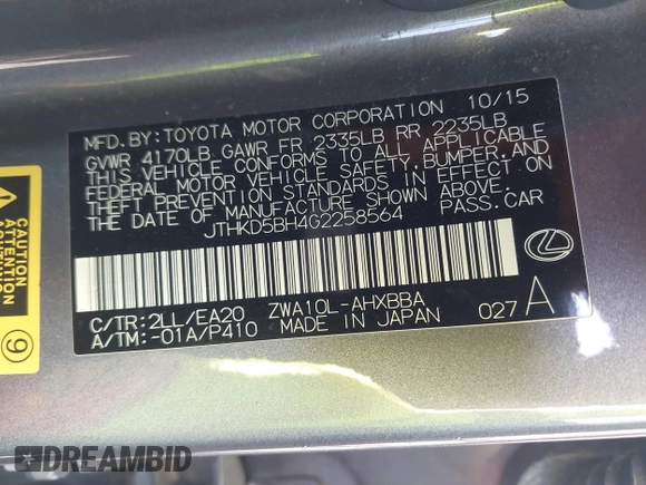 2016 Lexus CT 200h with VIN JTHKD5BH4G2258564, listed as a IAAI auction lot 41858667 with 94,537 mi miles and . Bid and sale history available at carsss.com. Image 9.