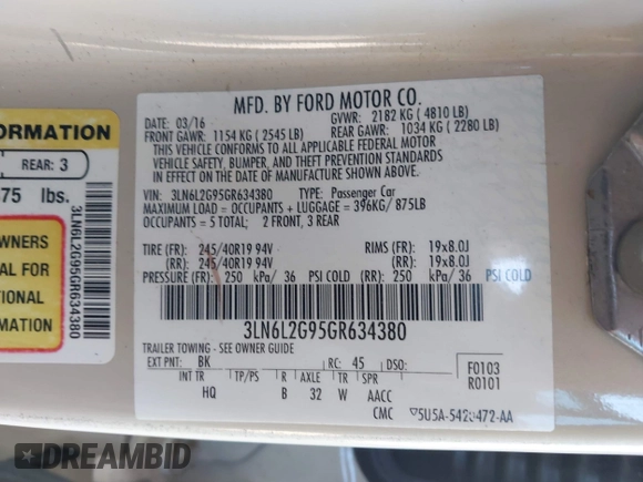 2016 Lincoln MKZ with VIN 3LN6L2G95GR634380, listed as a IAAI auction lot 42375739 with 81,741 mi miles and . Bid and sale history available at DreamBid. Image 9.