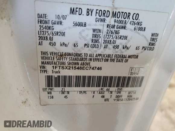 2008 Ford F-250 XL с VIN 1FTSX21548EC74746, выставлен на аукционе Copart как лот 59200455 с пробегом 83 427 миль миль и Списание • Salvage title. История ставок и продаж доступна на DreamBid. Изображение 12.