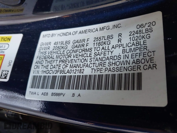 2020 Honda Accord Touring with VIN 1HGCV3F95LA012182, listed as a IAAI auction lot 42510566 with 60,426 mi miles and . Bid and sale history available at DreamBid. Image 9.