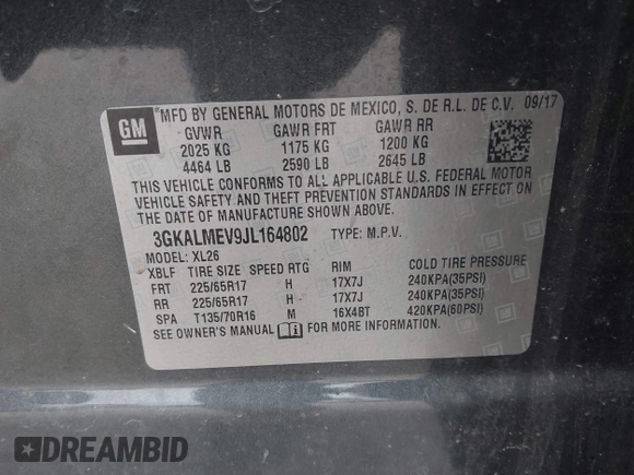 2018 GMC Terrain SLE with VIN 3GKALMEV9JL164802, listed as a IAAI auction lot 42002855 with 132,586 mi miles and . Bid and sale history available at carsss.com. Image 9.