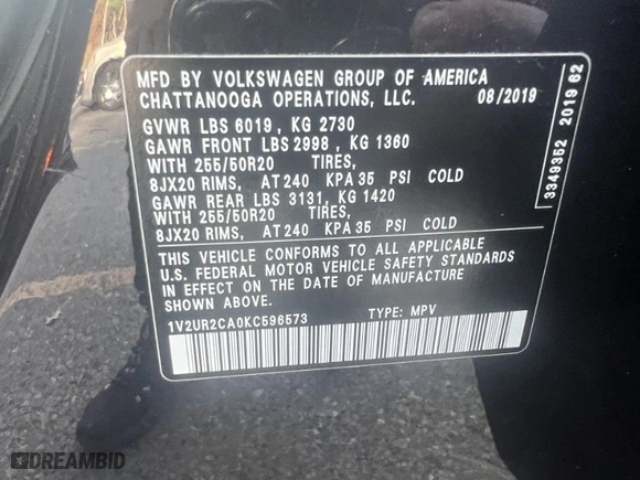 2019 Volkswagen Atlas 3.6L V6 SE w/Technology with VIN 1V2UR2CA0KC596573, listed as a IAAI auction lot 41501755 with 121,073 mi miles. Bid and sale history available at carsss.com. Image 8.