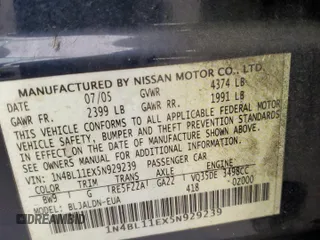 2005 Nissan Altima SE z VIN 1N4BL11EX5N929239, wystawiony jako Copart lot #60907535 z przebiegiem 153 161 mil mil oraz Szkoda całkowita • Salvage title. Historia ofert i sprzedaży dostępna na DreamBid. Obrazek 13.