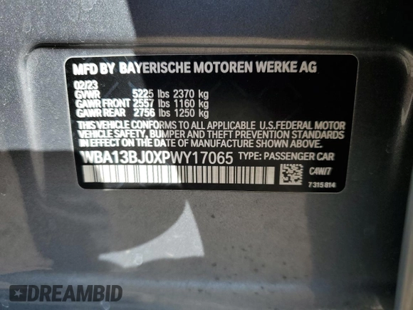 2023 BMW 5 Series 530i xDrive with VIN WBA13BJ0XPWY17065, listed as a Copart auction lot 50660805 with Not provided miles and Salvage title. Bid and sale history available at DreamBid. Image 12.
