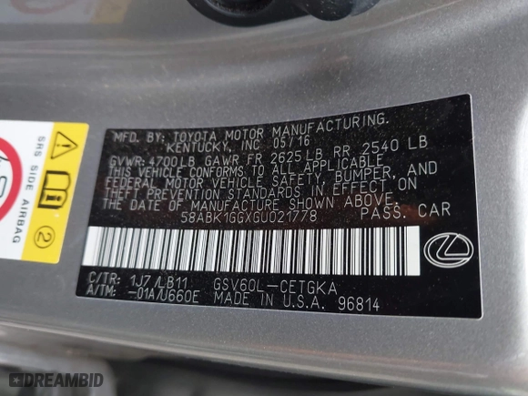 2016 Lexus ES 350 with VIN 58ABK1GGXGU021778, listed as a IAAI auction lot 41889191 with 72,033 mi miles. Bid and sale history available at carsss.com. Image 9.