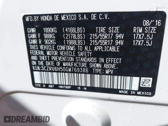 2016 Honda HR-V EX with VIN 3CZRU6H50GM769386, listed as a IAAI auction lot 42049121 with 25,228 mi miles. Bid and sale history available at carsss.com. Image 9.