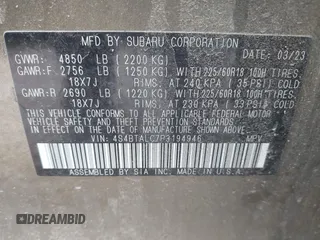 2023 Subaru Outback Onyx with VIN 4S4BTALC7P3194946, listed as a IAAI auction lot 41788572 with 17,943 mi miles and . Bid and sale history available at DreamBid. Image 9.
