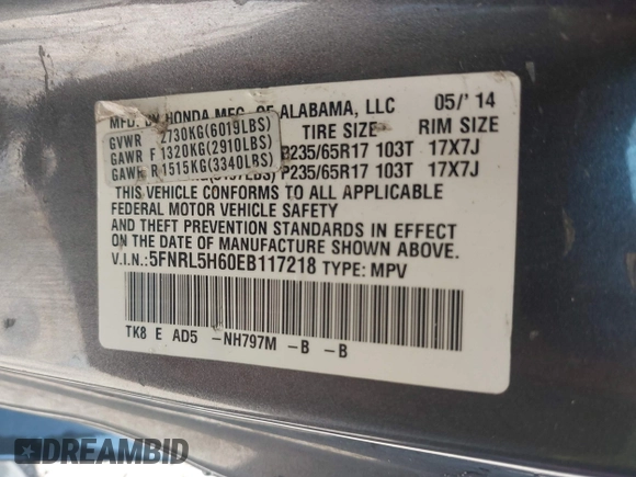 2014 Honda Odyssey EX-L with VIN 5FNRL5H60EB117218, listed as a IAAI auction lot 42201739 with 184,586 mi miles and . Bid and sale history available at DreamBid. Image 9.