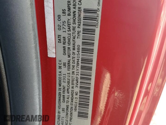 2008 Volkswagen Beetle SE with VIN 3VWRF31Y78M415480, listed as a Copart auction lot 42852025 with 35,799 mi miles and Clean title. Bid and sale history available at DreamBid. Image 12.