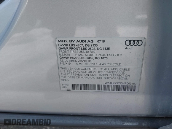 2017 Audi Q3 Premium Plus with VIN WA1HCCFS6HR003457, listed as a IAAI auction lot 42274572 with 54,546 mi miles and . Bid and sale history available at DreamBid. Image 9.