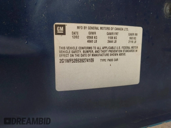 2003 Chevrolet Impala z VIN 2G1WF52E639274109, wystawiony jako IAAI lot #42351341 z przebiegiem Nie podano mil oraz . Historia ofert i sprzedaży dostępna na DreamBid. Obrazek 9.