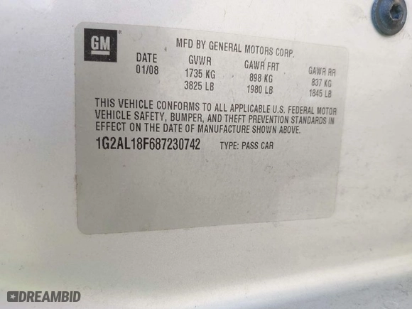 2008 Pontiac G5 with VIN 1G2AL18F687230742, listed as a IAAI auction lot 39769801 with NaN miles. Bid and sale history available at carsss.com. Image 9.