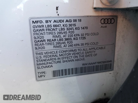 2019 Audi Q7 Premium with VIN WA1AAAF79KD003545, listed as a Copart auction lot 45916035 with 125,915 mi miles and Clean title. Bid and sale history available at DreamBid. Image 14.