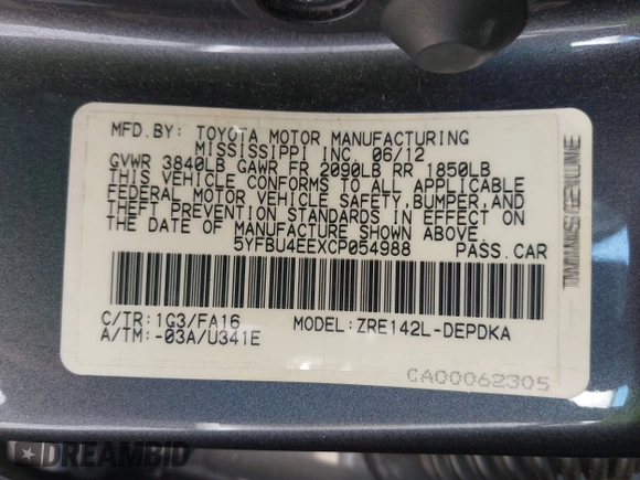 2012 Toyota Corolla L with VIN 5YFBU4EEXCP054988, listed as a IAAI auction lot 41973361 with 193,390 mi miles. Bid and sale history available at carsss.com. Image 9.