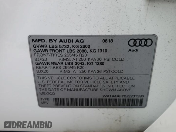 2018 Audi SQ5 Premium Plus with VIN WA1A4AFY0J2231296, listed as a Copart auction lot 85218374 with 50,616 mi miles and Salvage Title. Bid and sale history available at DreamBid. Image 13.