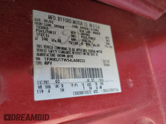 2004 Ford Expedition Eddie Bauer with VIN 1FMRU17W54LA08333, listed as a Copart auction lot 54800935 with 273,418 mi miles and Salvage title. Bid and sale history available at DreamBid. Image 13.