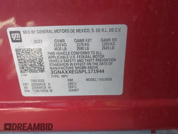 2023 Chevrolet Equinox Premier z VIN 3GNAXXEG5PL171944, wystawiony jako IAAI lot #42256222 z przebiegiem 38 010 mil mil oraz . Historia ofert i sprzedaży dostępna na DreamBid. Obrazek 9.