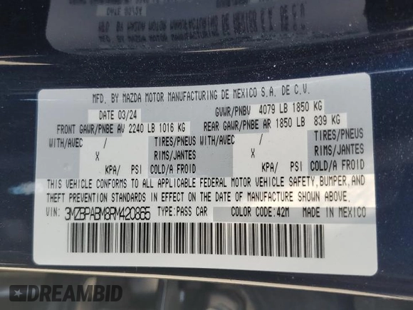 2024 Mazda 3 S Select Sport with VIN 3MZBPABM8RM420865, listed as a Copart auction lot 59989825 with 4,227 mi miles and Salvage title. Bid and sale history available at DreamBid. Image 12.