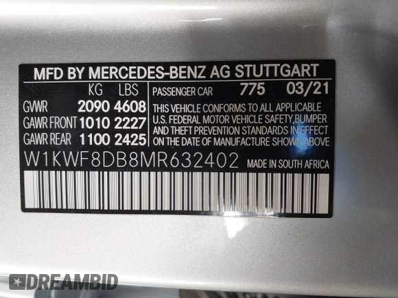 2021 Mercedes-Benz C 300 with VIN W1KWF8DB8MR632402, listed as a IAAI auction lot 41354706 with 38,931 mi miles and . Bid and sale history available at carsss.com. Image 9.