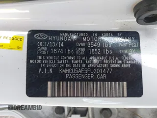 2015 Hyundai Accent Sport with VIN KMHCU5AE5FU201477, listed as a IAAI auction lot 41529347 with 189,774 mi miles. Bid and sale history available at carsss.com. Image 9.
