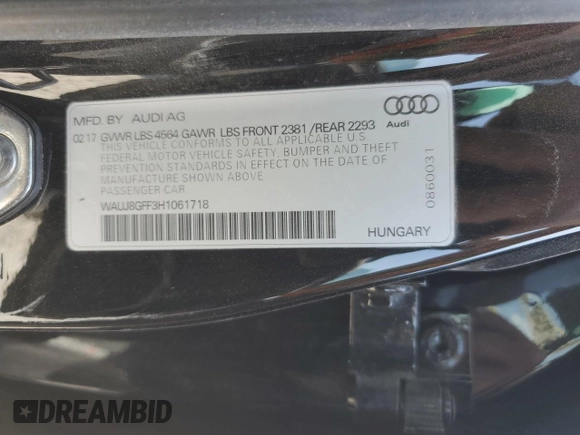2017 Audi A3 Sedan Premium Plus with VIN WAUJ8GFF3H1061718, listed as a Copart auction lot 60331263 with 80,315 mi miles. Bid and sale history available at carsss.com. Image 12.