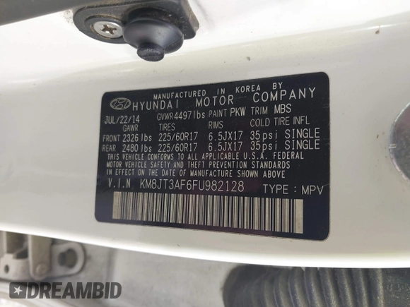 2015 Hyundai Tucson GLS with VIN KM8JT3AF6FU982128, listed as a IAAI auction lot 42227235 with 141,612 mi miles and . Bid and sale history available at DreamBid. Image 9.