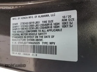 2021 Honda Odyssey EX-L with VIN 5FNRL6H77MB026329, listed as a Copart auction lot 48042705 with 45,046 mi miles and Salvage Title. Bid and sale history available at DreamBid. Image 15.