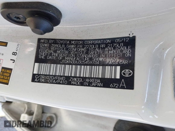 2012 Toyota Prius One with VIN JTDKN3DU3C5459734, listed as a IAAI auction lot 41930505 with 165,000 mi miles. Bid and sale history available at carsss.com. Image 9.