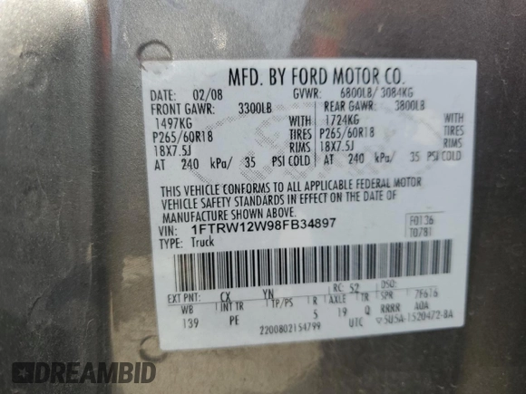 2008 Ford F-150 XL with VIN 1FTRW12W98FB34897, listed as a Copart auction lot 53086715 with 212,789 mi miles and Clean Title. Bid and sale history available at carsss.com. Image 12.