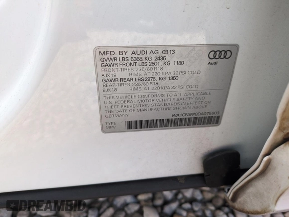 2013 Audi Q5 Premium with VIN WA1CFAFP8DA075903, listed as a Copart auction lot 53667435 with 114,337 mi miles and Salvage title. Bid and sale history available at DreamBid. Image 12.