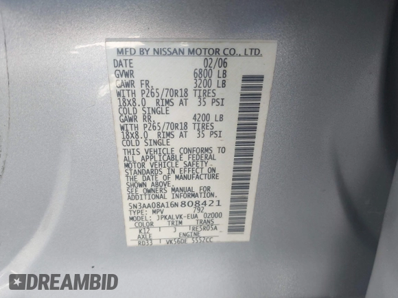 2006 Infiniti QX56 with VIN 5N3AA08A16N808421, listed as a IAAI auction lot 41410798 with 254,784 mi miles. Bid and sale history available at carsss.com. Image 9.