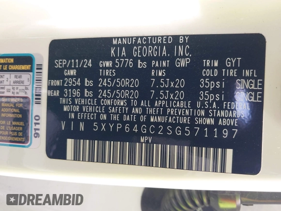 2025 Kia Telluride S with VIN 5XYP64GC2SG571197, listed as a IAAI auction lot 42255912 with 6,043 mi miles and . Bid and sale history available at DreamBid. Image 9.