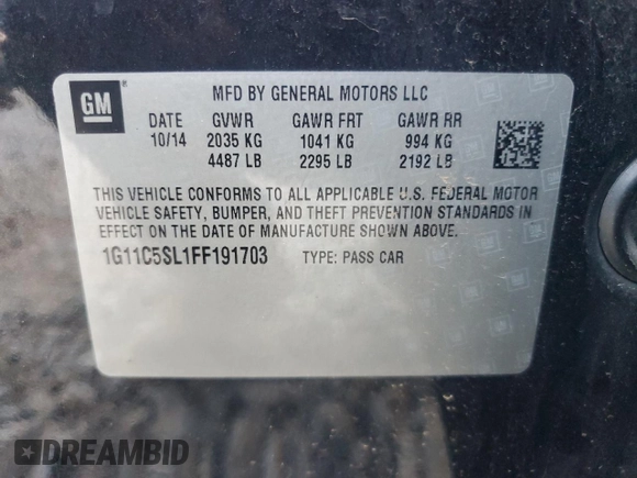 2015 Chevrolet Malibu LT with VIN 1G11C5SL1FF191703, listed as a Copart auction lot 52517335 with 100,738 mi miles and Salvage Title. Bid and sale history available at DreamBid. Image 15.