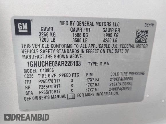 2010 Chevrolet Suburban LS with VIN 1GNUCHE03AR226103, listed as a IAAI auction lot 41729881 with 201,479 mi miles. Bid and sale history available at carsss.com. Image 9.