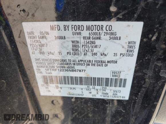 2006 Ford F-150 XL with VIN 1FTRF12236NB67877, listed as a IAAI auction lot 42607835 with Not provided miles and . Bid and sale history available at DreamBid. Image 9.
