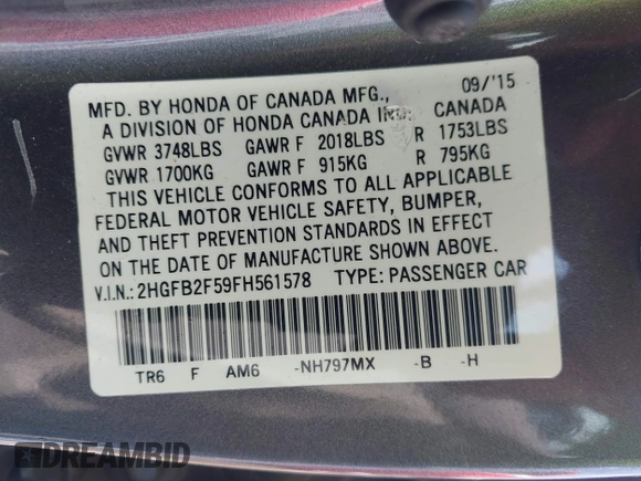 2015 Honda Civic LX with VIN 2HGFB2F59FH561578, listed as a IAAI auction lot 42622451 with 115,387 mi miles and . Bid and sale history available at DreamBid. Image 9.