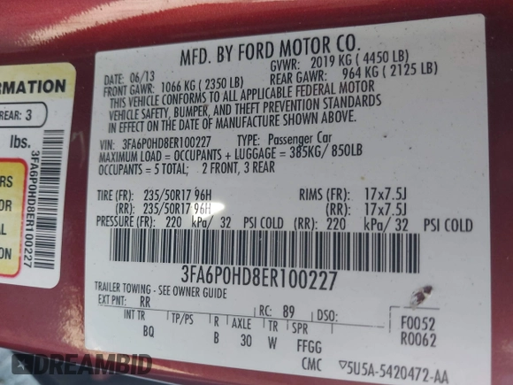 2014 Ford Fusion SE with VIN 3FA6P0HD8ER100227, listed as a IAAI auction lot 42192133 with 143,853 mi miles and . Bid and sale history available at DreamBid. Image 9.