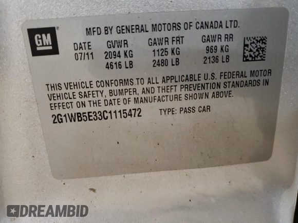 2012 Chevrolet Impala LT Retail with VIN 2G1WB5E33C1115472, listed as a Copart auction lot 54706825 with 283,656 mi miles and Clean Title. Bid and sale history available at DreamBid. Image 12.