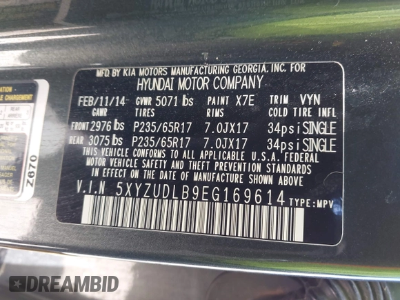 2014 Hyundai Santa Fe with VIN 5XYZUDLB9EG169614, listed as a IAAI auction lot 42208166 with 139,103 mi miles and . Bid and sale history available at DreamBid. Image 9.