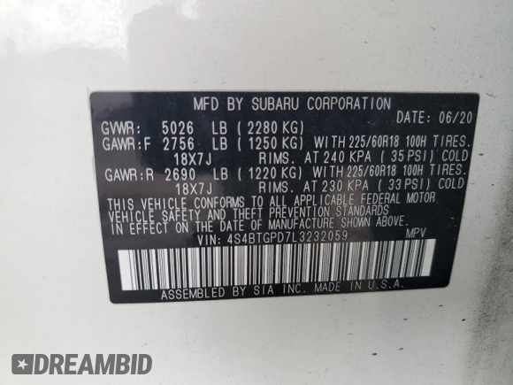 2020 Subaru Outback Touring XT with VIN 4S4BTGPD7L3232059, listed as a Copart auction lot 61237665 with 62,553 mi miles and Salvage title. Bid and sale history available at DreamBid. Image 13.