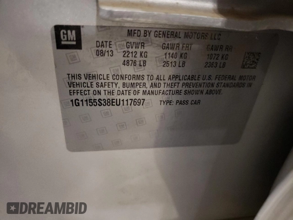 2014 Chevrolet Impala LTZ with VIN 1G1155S38EU117697, listed as a Copart auction lot 48236055 with 95,659 mi miles and Salvage Title. Bid and sale history available at DreamBid. Image 12.