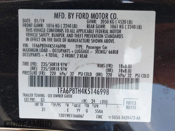 2019 Ford Mustang EcoBoost with VIN 1FA6P8TH4K5146998, listed as a IAAI auction lot 41849760 with 58,467 mi miles and . Bid and sale history available at carsss.com. Image 9.