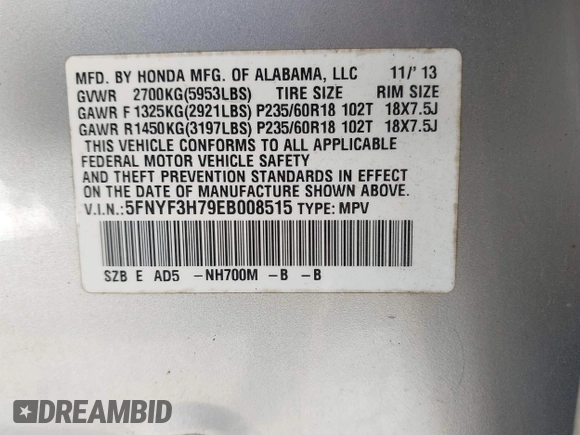 2014 Honda Pilot EX-L with VIN 5FNYF3H79EB008515, listed as a IAAI auction lot 41687048 with 195,830 mi miles and . Bid and sale history available at carsss.com. Image 9.