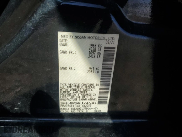 2021 Nissan Altima SV with VIN 1N4BL4DV0MN374541, listed as a Copart auction lot 50986275 with 71,094 mi miles and Salvage Title. Bid and sale history available at carsss.com. Image 14.